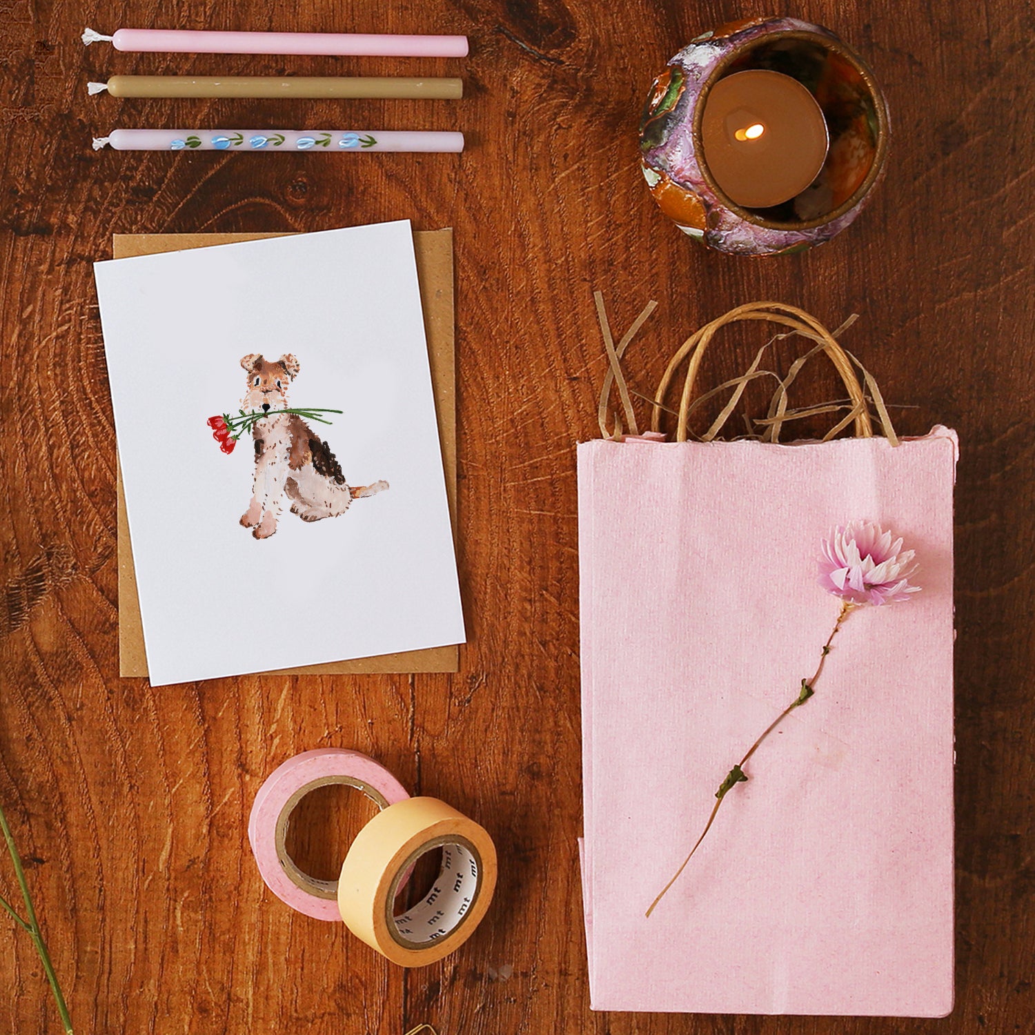 Terrier and Roses Mini Card