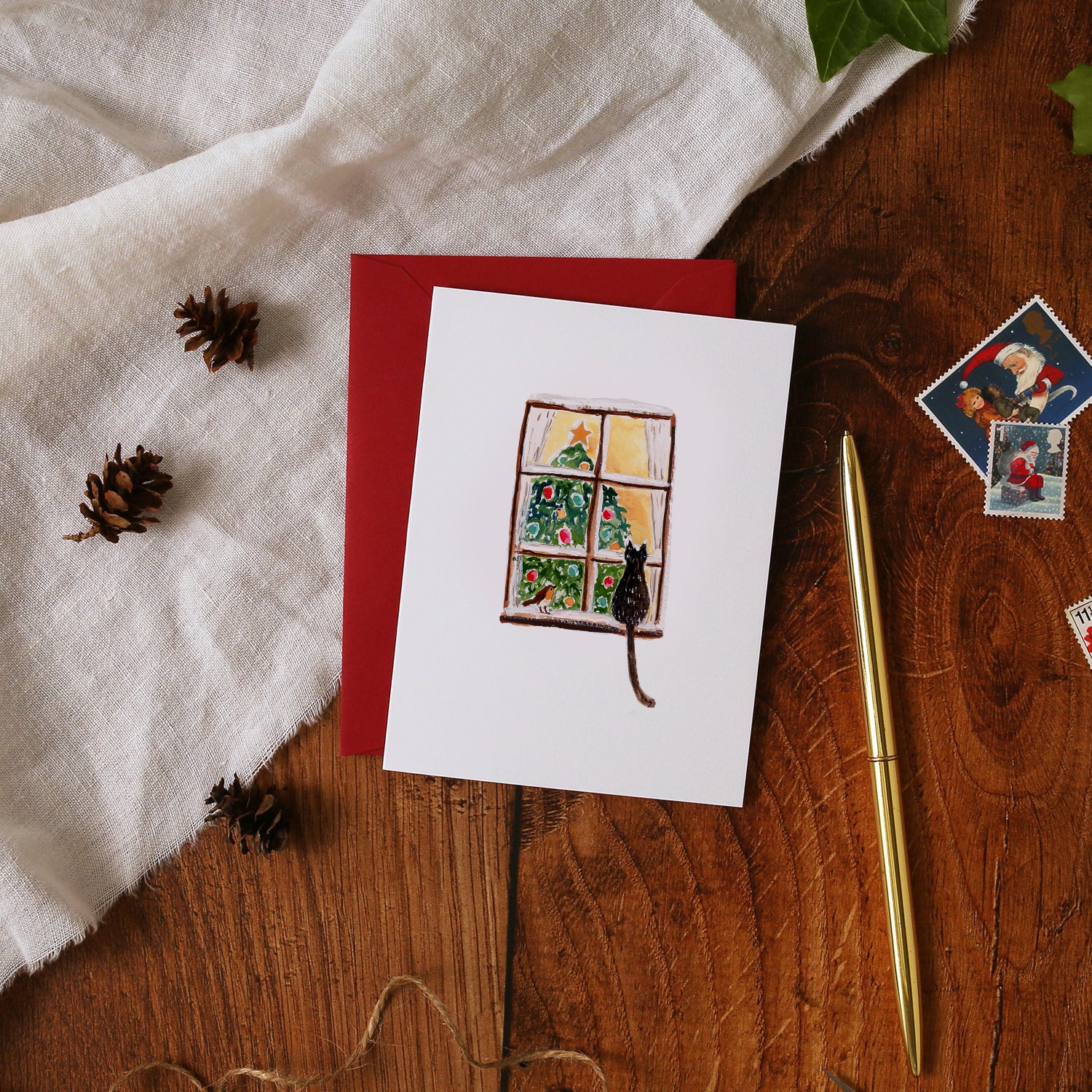 Winter Window Cat and Robin Mini Christmas Card