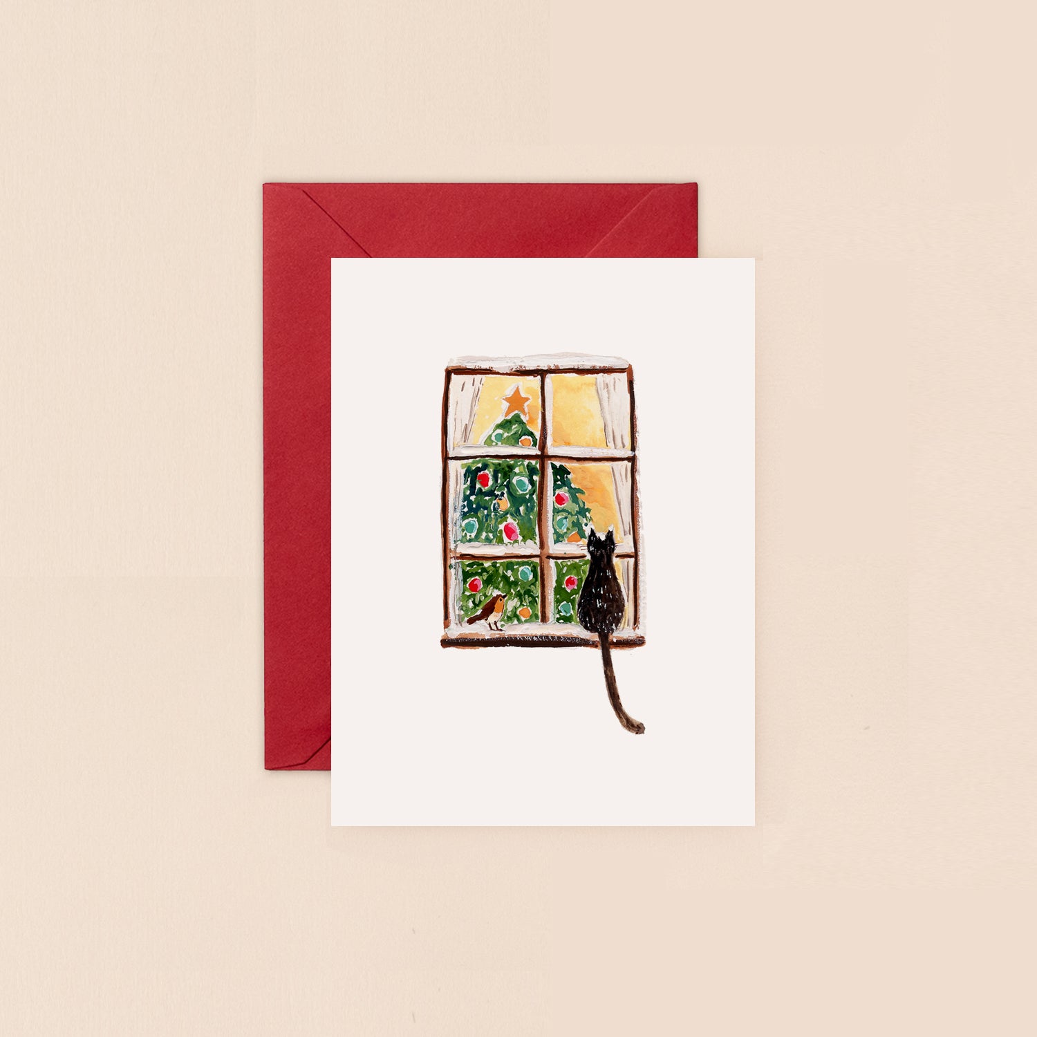 Winter Window Cat and Robin Mini Christmas Card