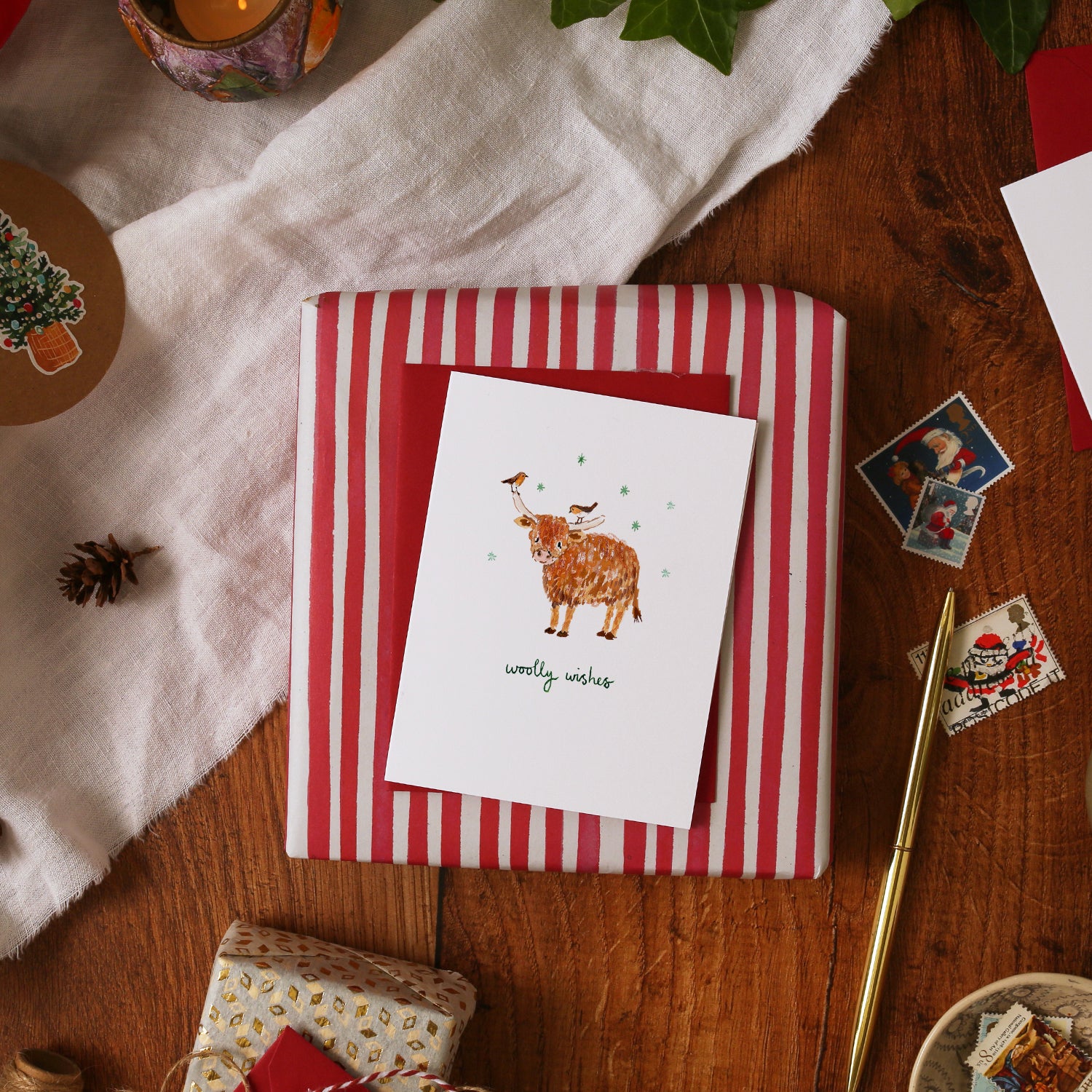 Highland Cow and Robins Mini Christmas Card