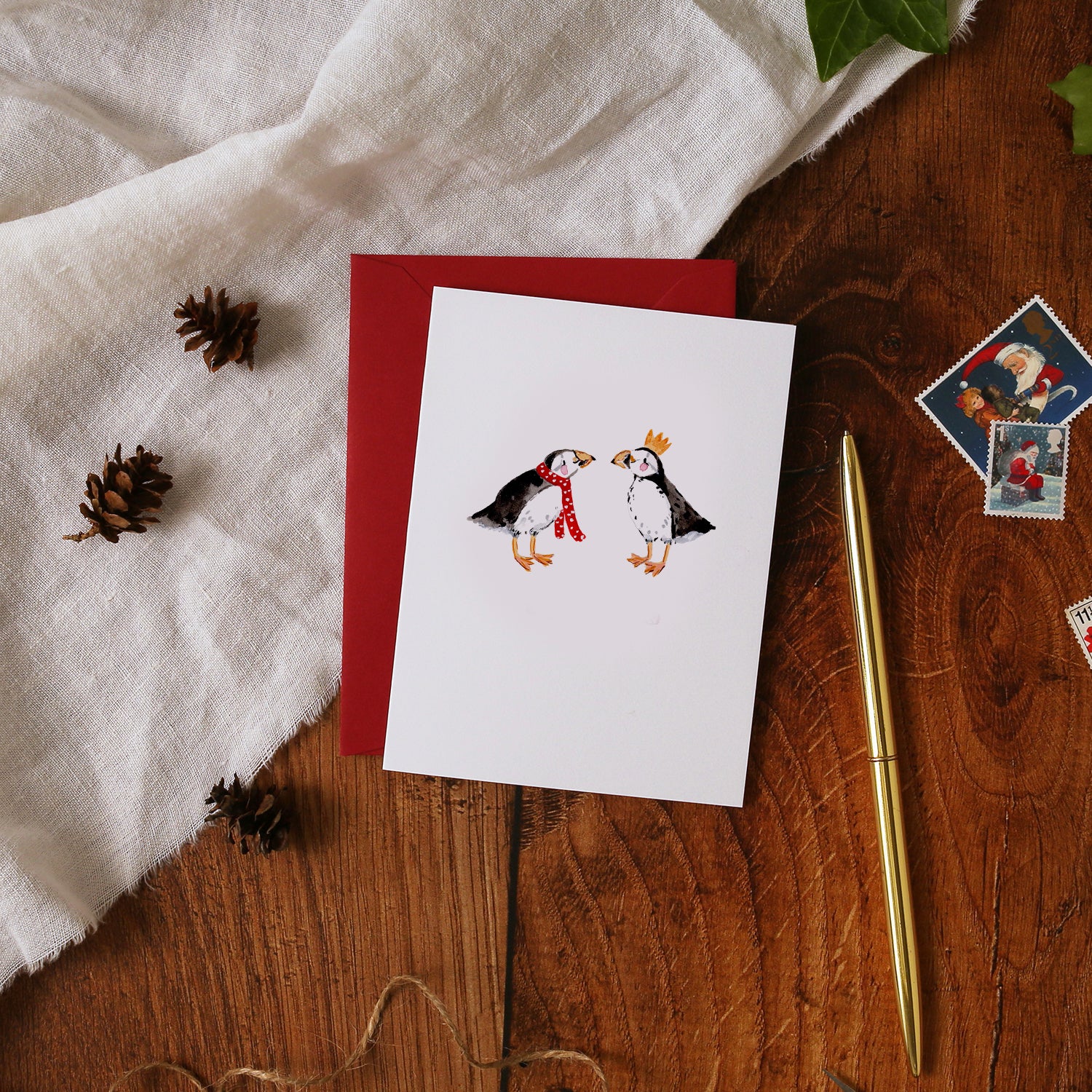 Two Christmas Puffins Mini Christmas Card