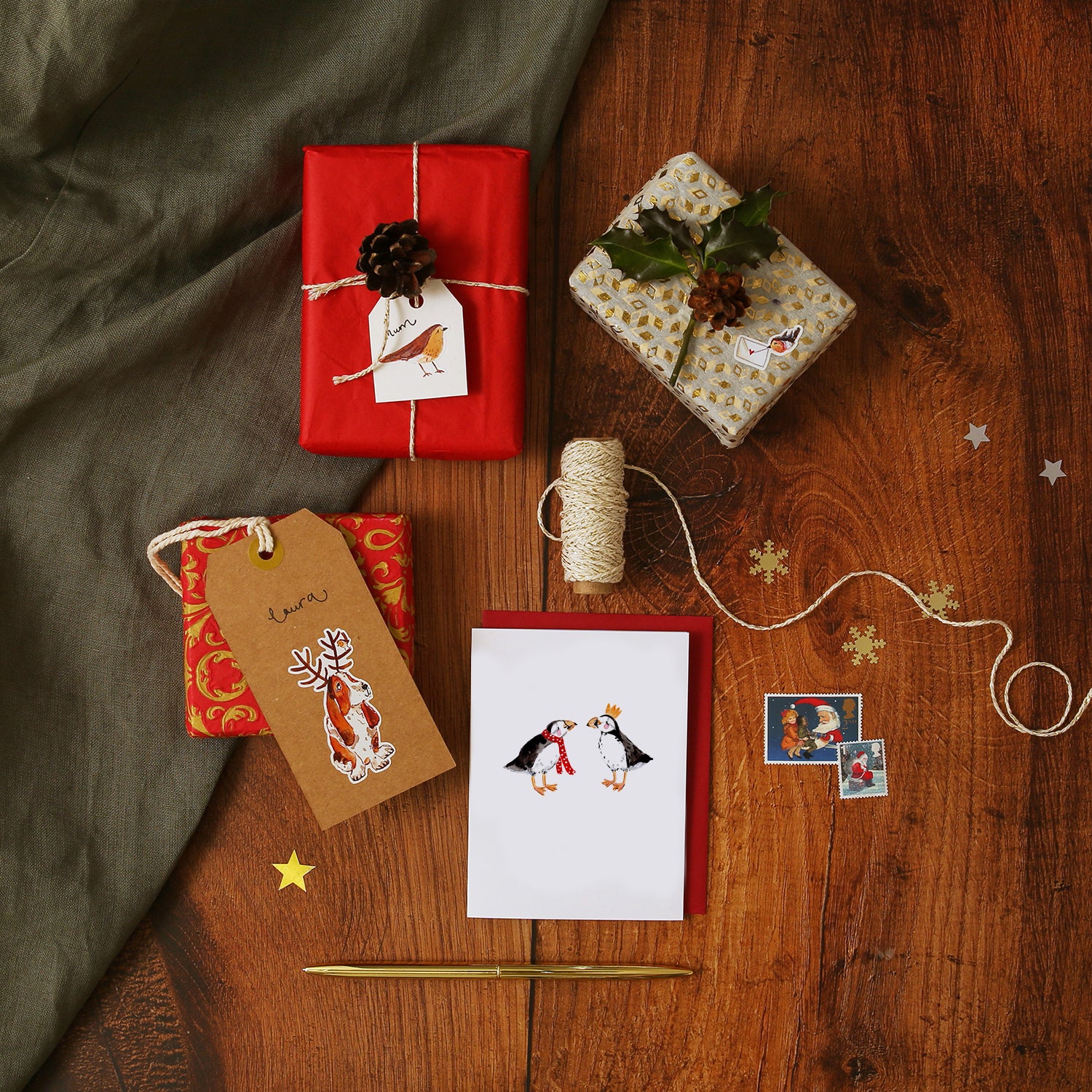 Two Christmas Puffins Mini Christmas Card