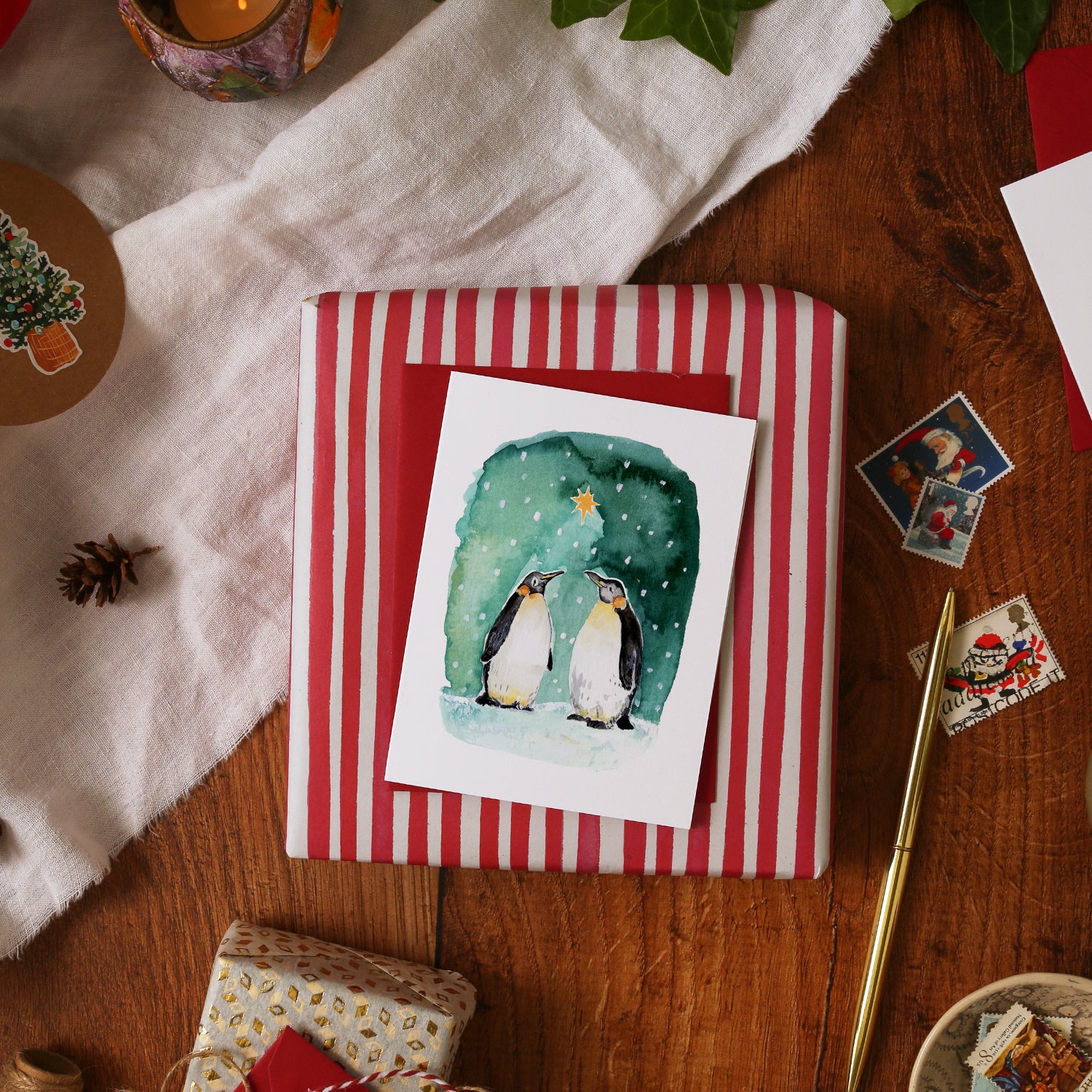 Two Emperor Penguins Mini Christmas Card