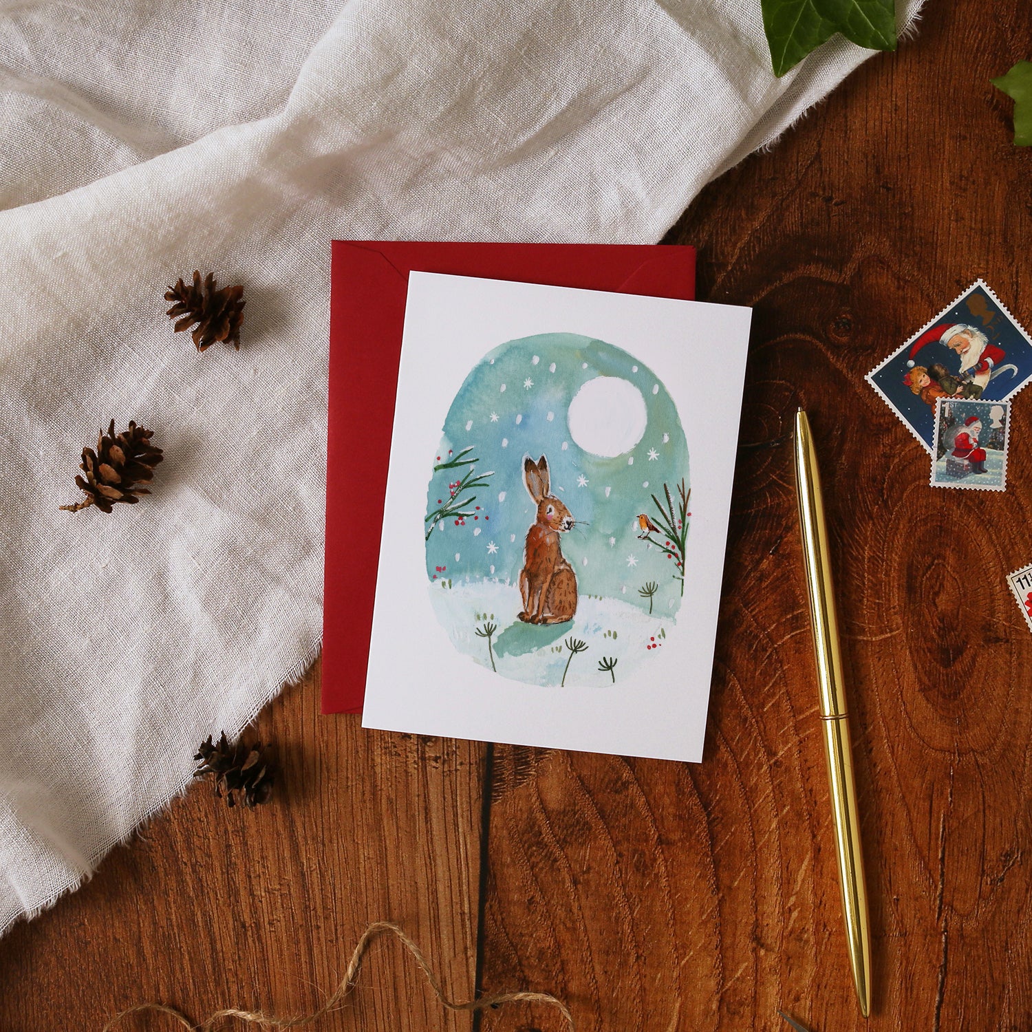 Hare and Robin in Moonlight Mini Christmas Card