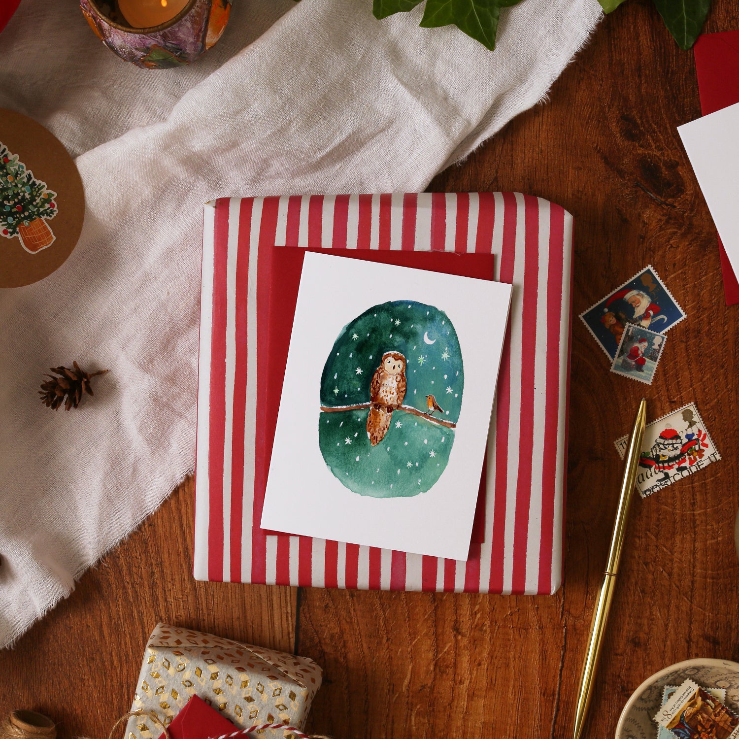Owl and Robin Mini Christmas Card
