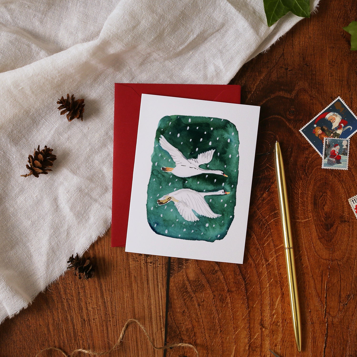 Two Swans Flying Mini Christmas Card