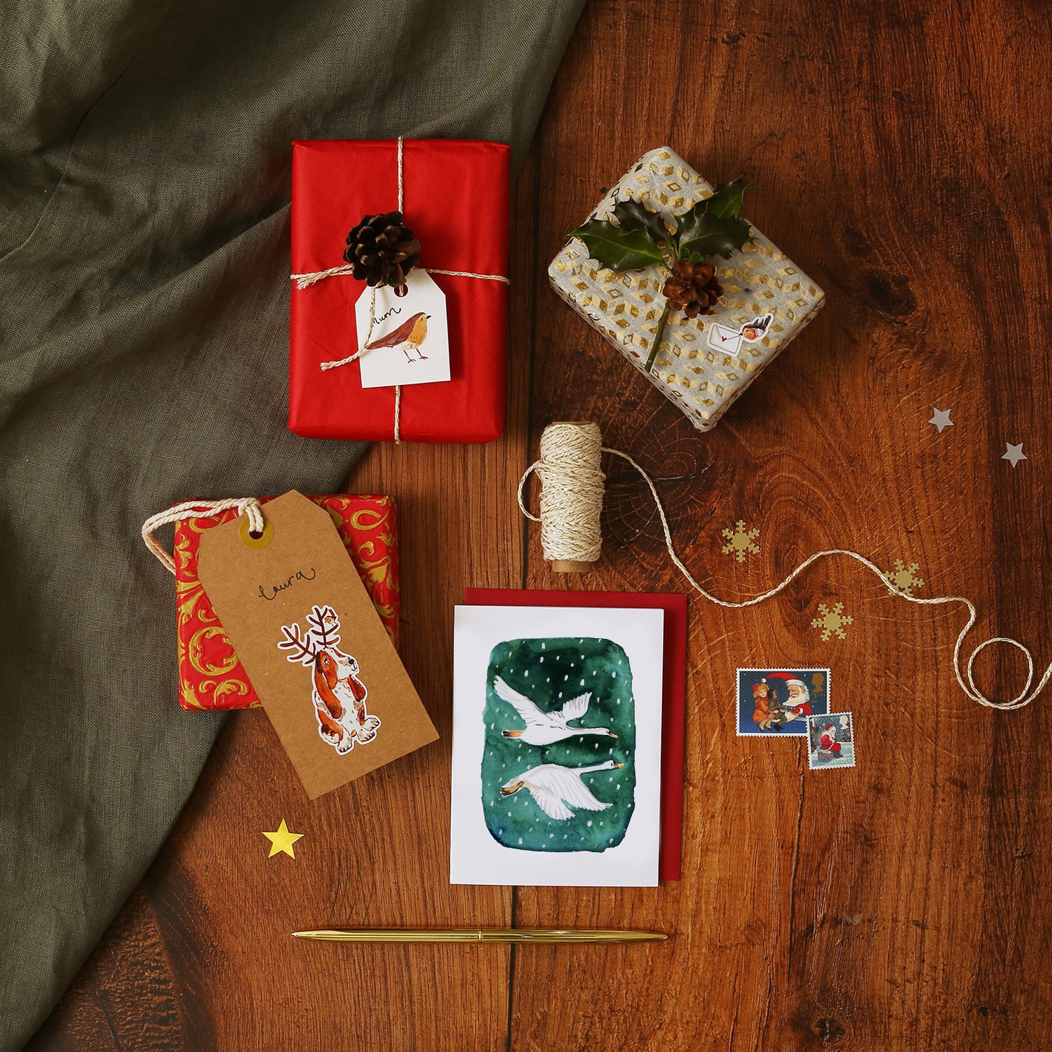 Two Swans Flying Mini Christmas Card