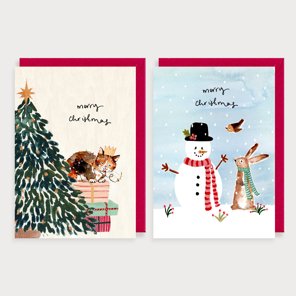 Snowman and Cat with Christmas Tree Christmas Card Pack