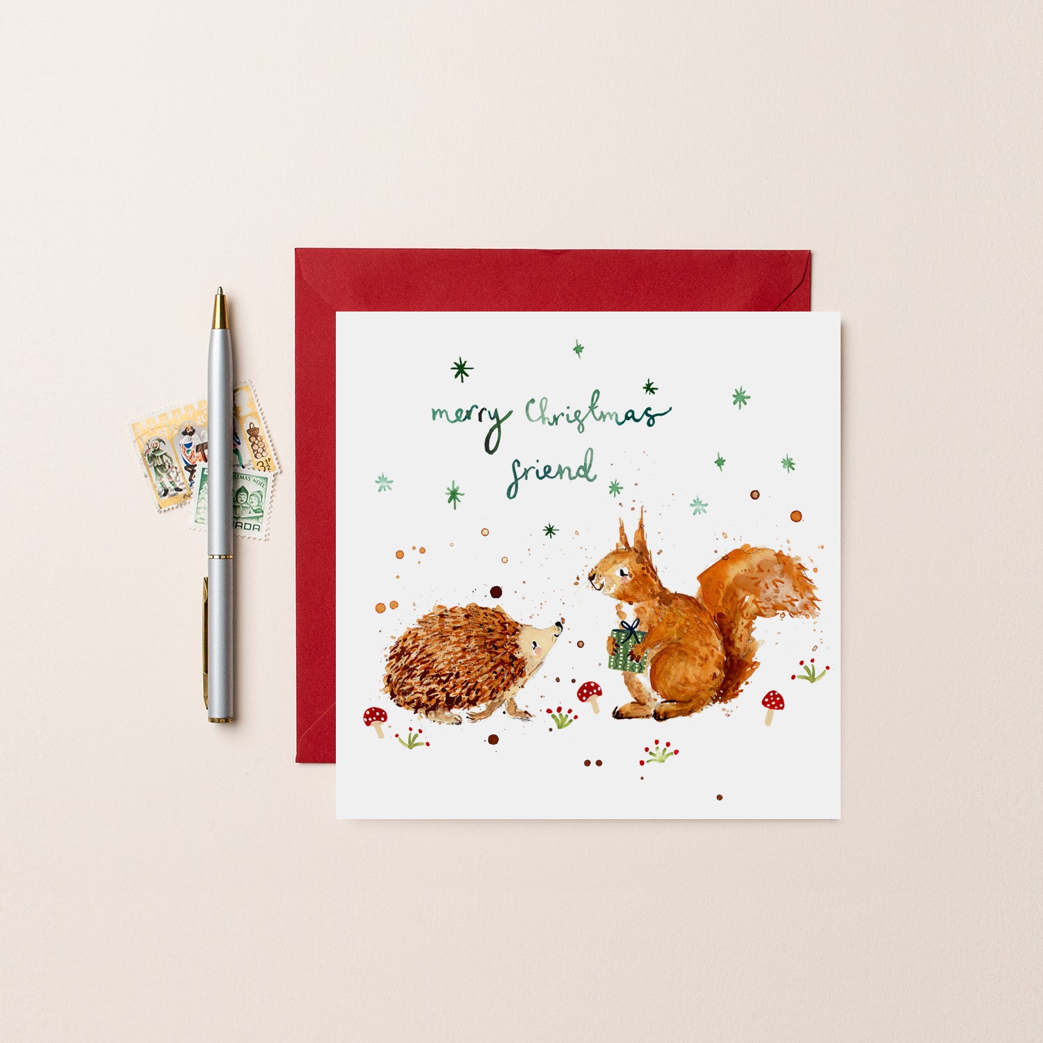 Squirrel and Hedgehog Merry Christmas Friend Christmas Card