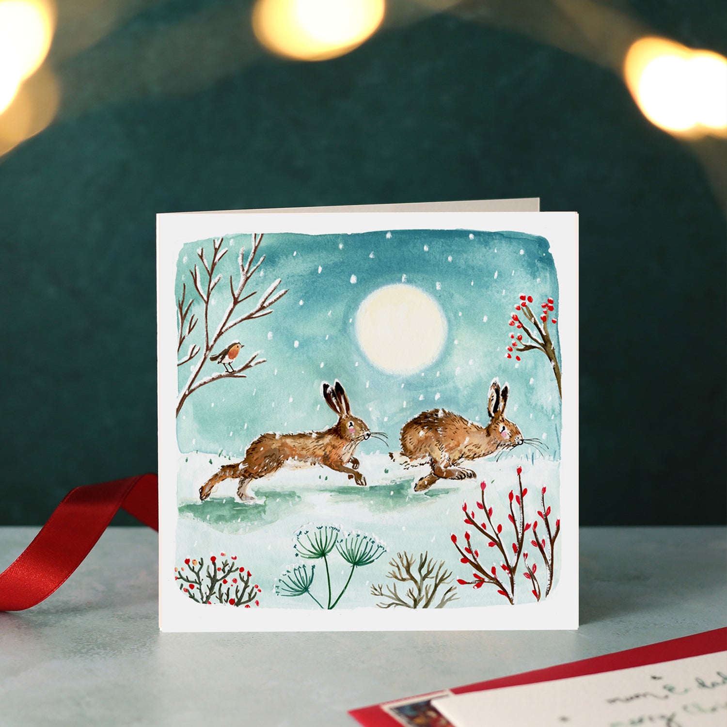 Two Hares Running Blank Christmas Card