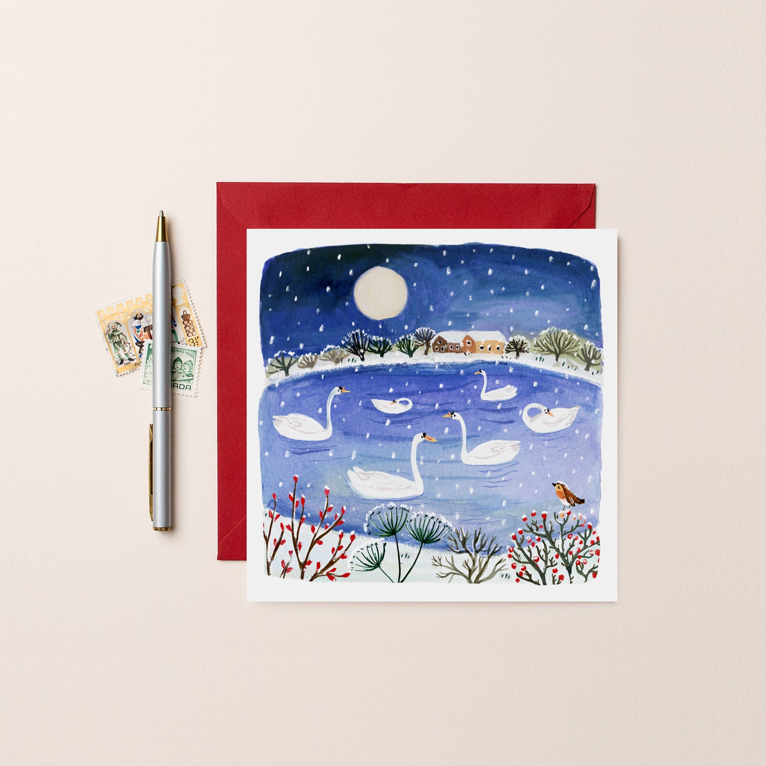 Swans on a Lake Blank Christmas Card