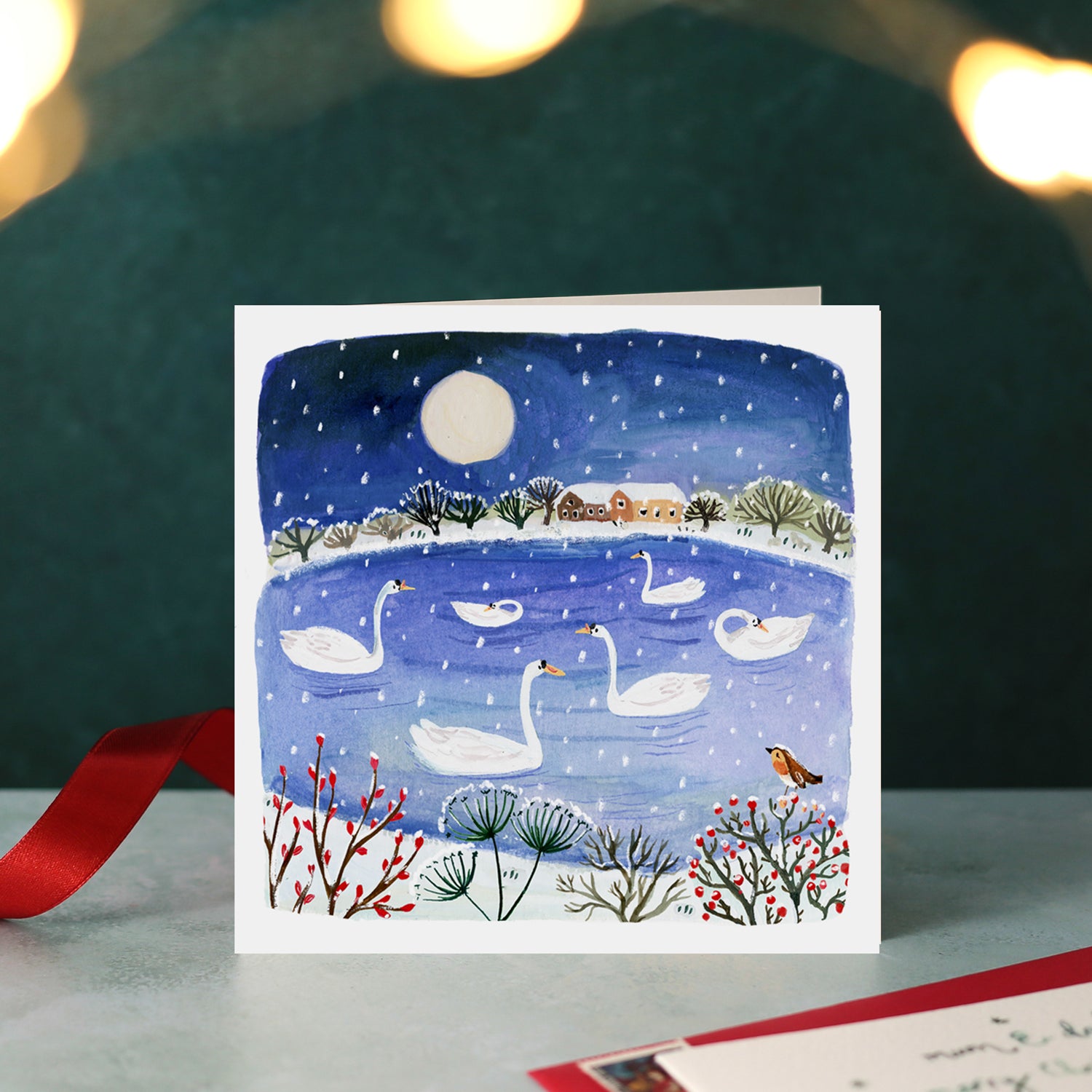 Swans on a Lake Blank Christmas Card