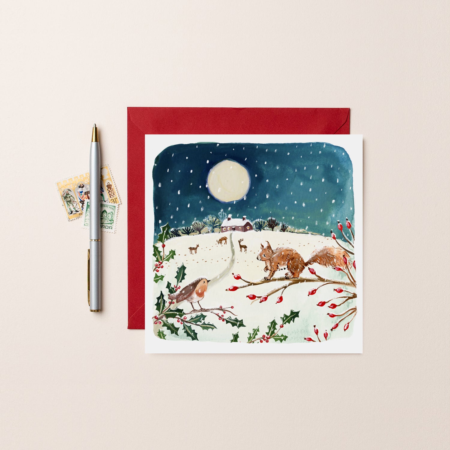 Squirrel and Robin Blank Christmas Card