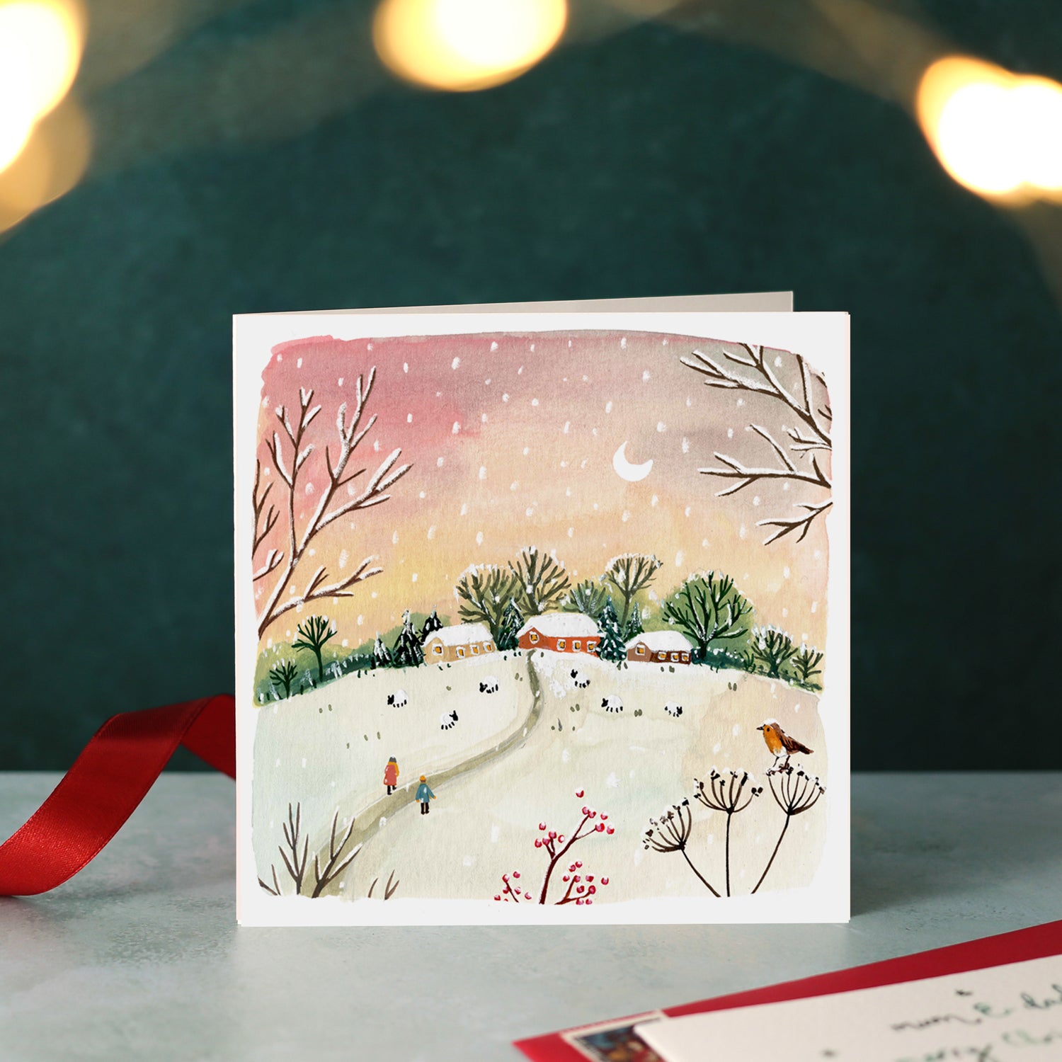 Red Sky Winter Scene Blank Christmas Card