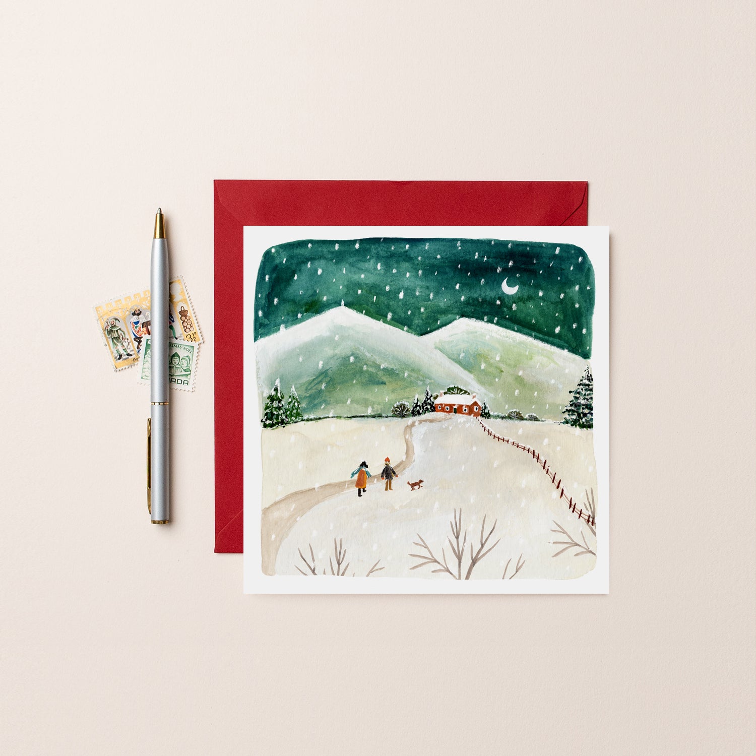 Little House and Mountain Scene Blank Christmas Card