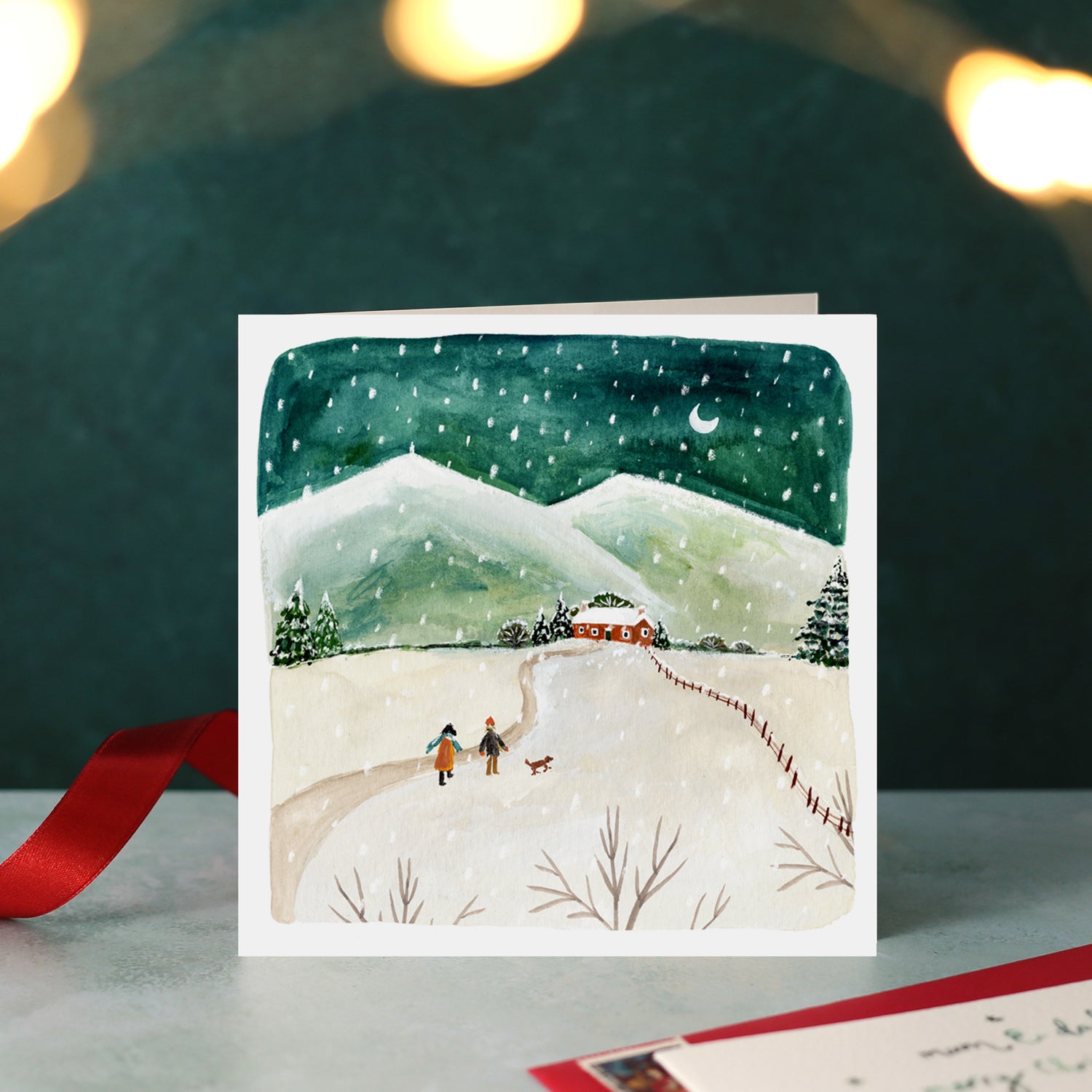 Little House and Mountain Scene Blank Christmas Card
