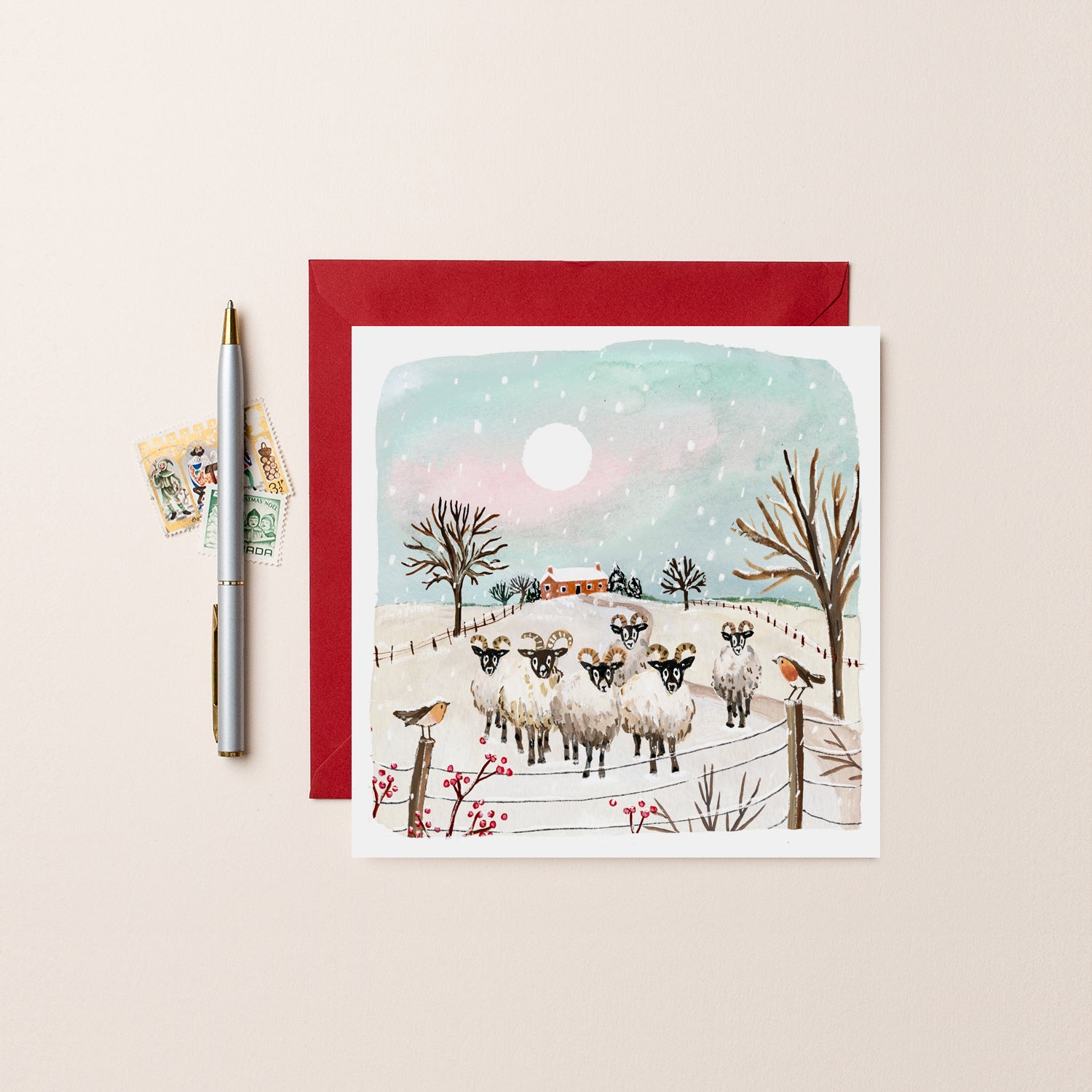 Sheep and Robins Blank Christmas Card
