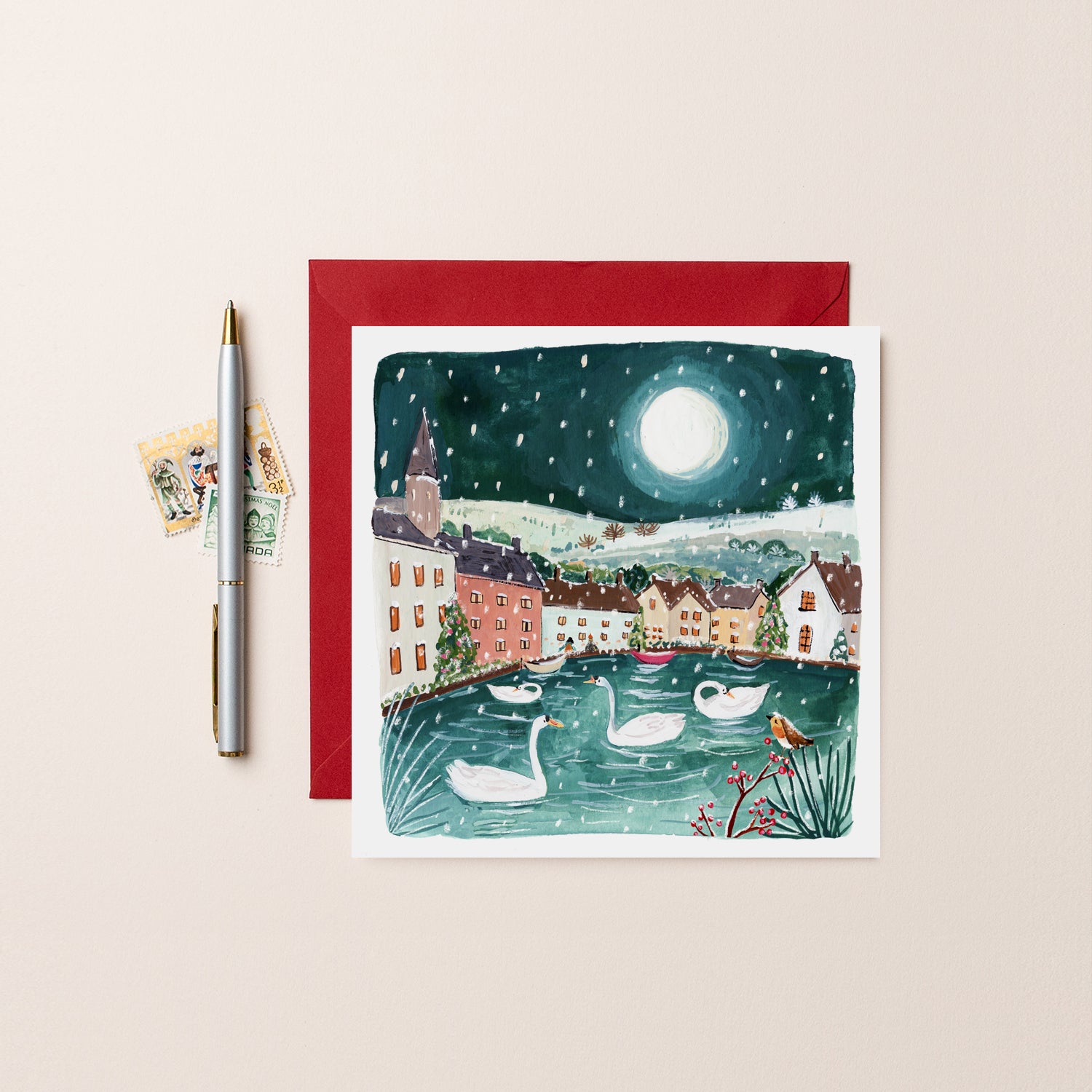 Lake and Winter Village Blank Christmas Card