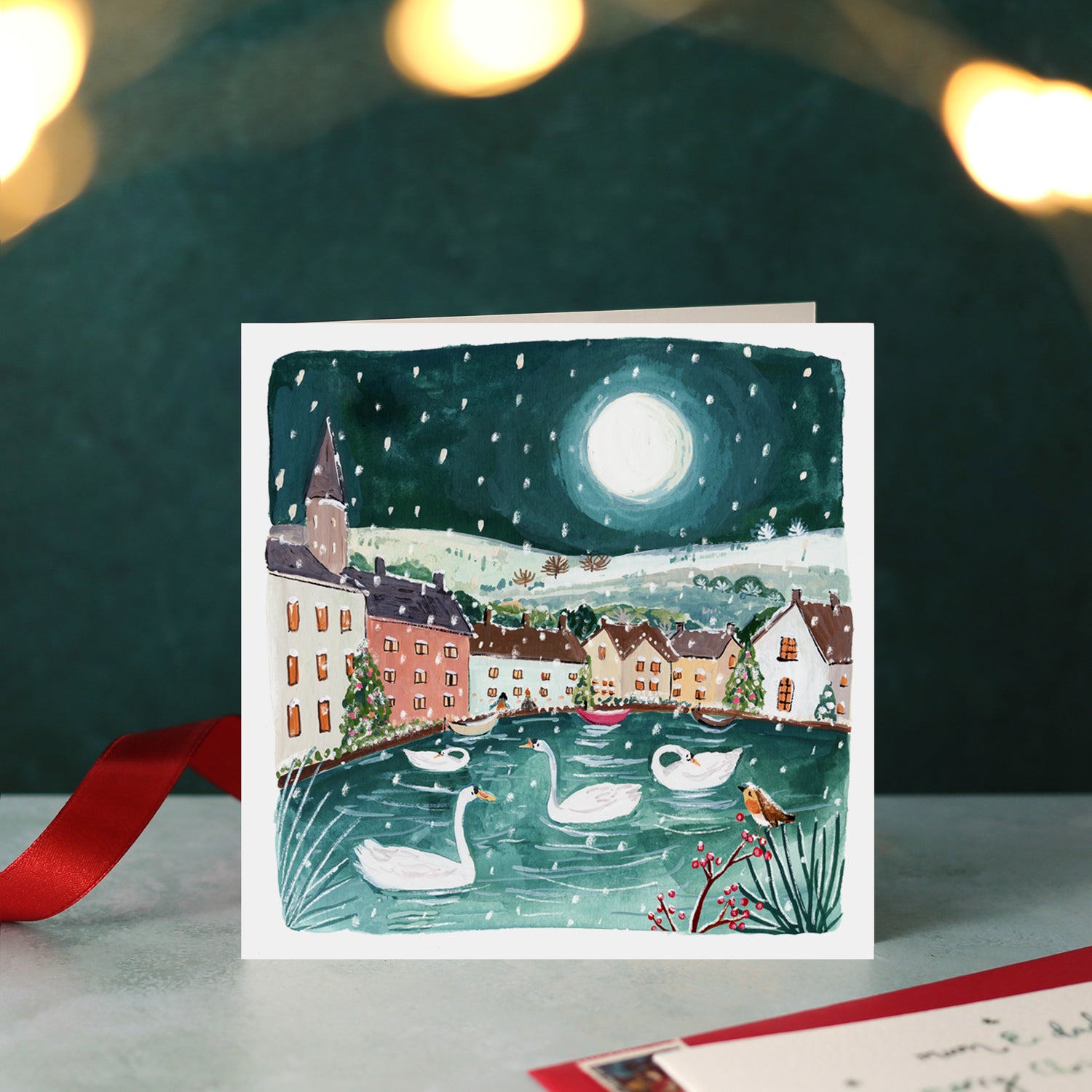 Lake and Winter Village Blank Christmas Card