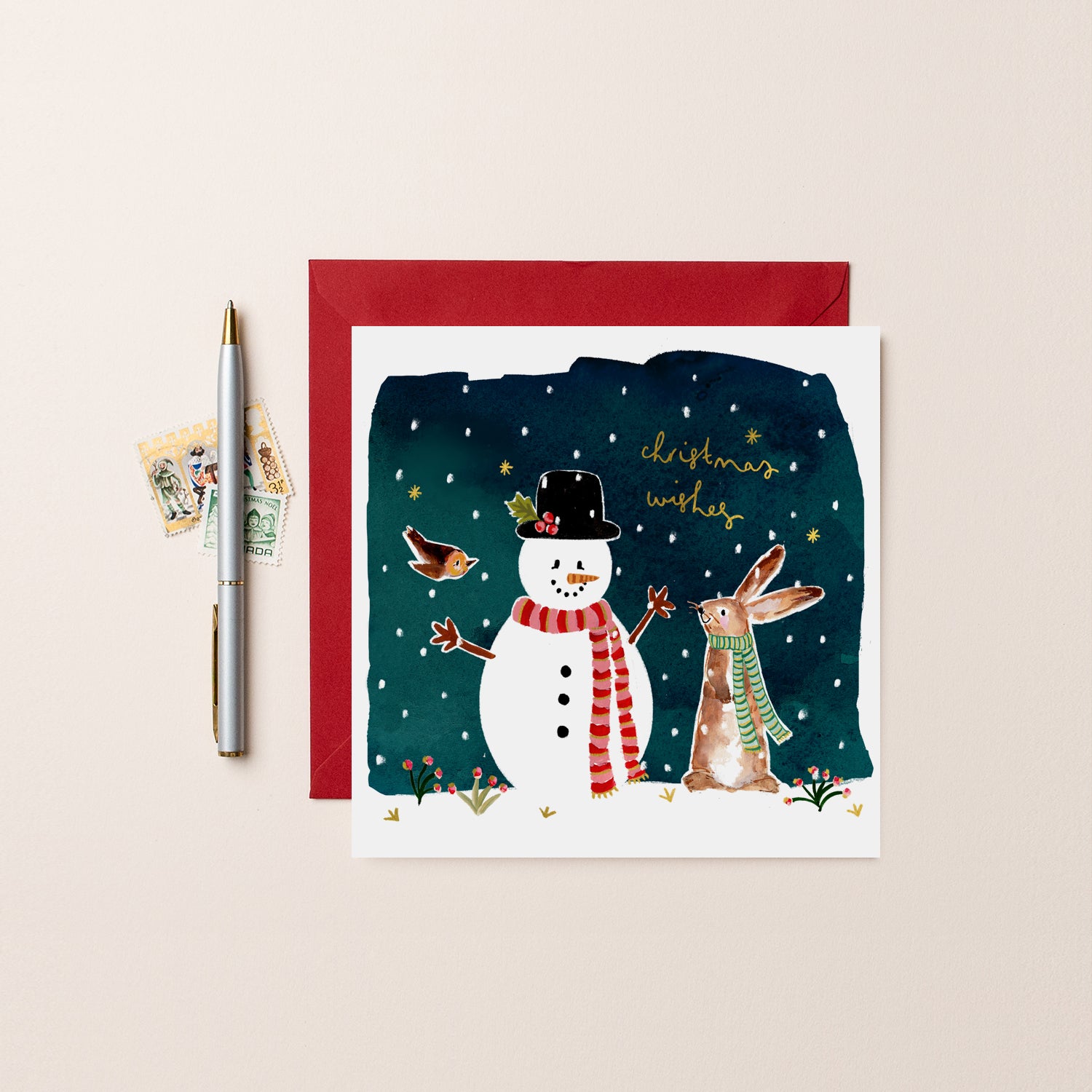Christmas Wishes Snowman & Bunny Christmas Card