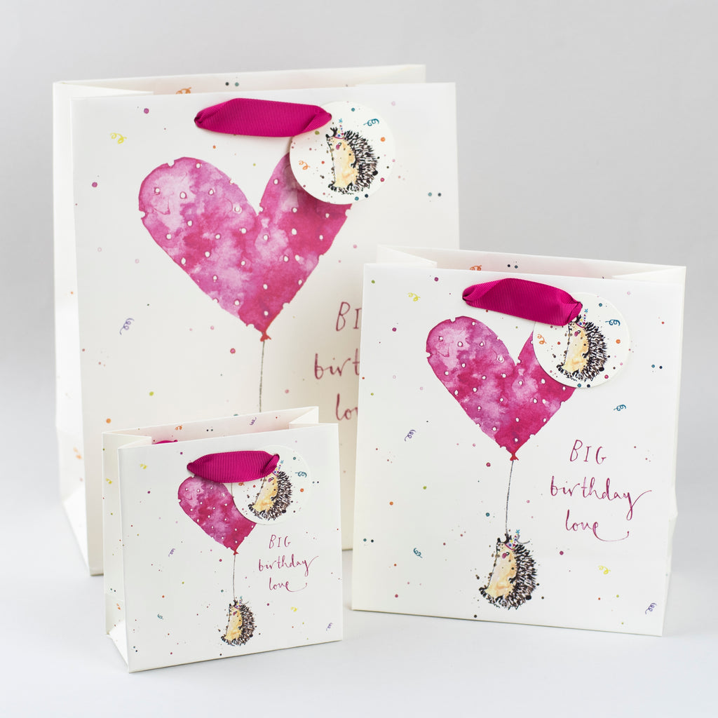 Image of illustrated birthday hedgehog holding a heart shaped balloon gift bags with the caption BIG Birthday Love