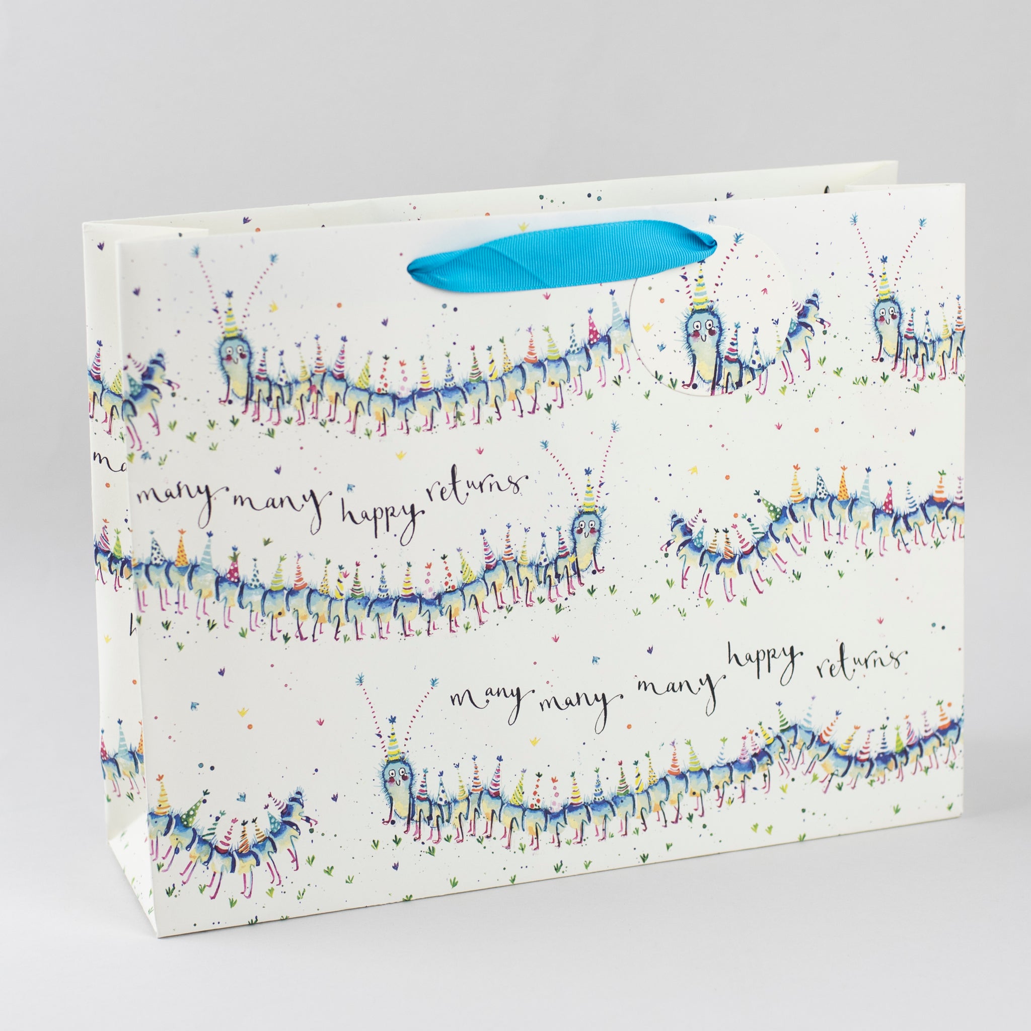 Image of illustrated centipede birthday gift bag with the caption Many Many Happy Returns