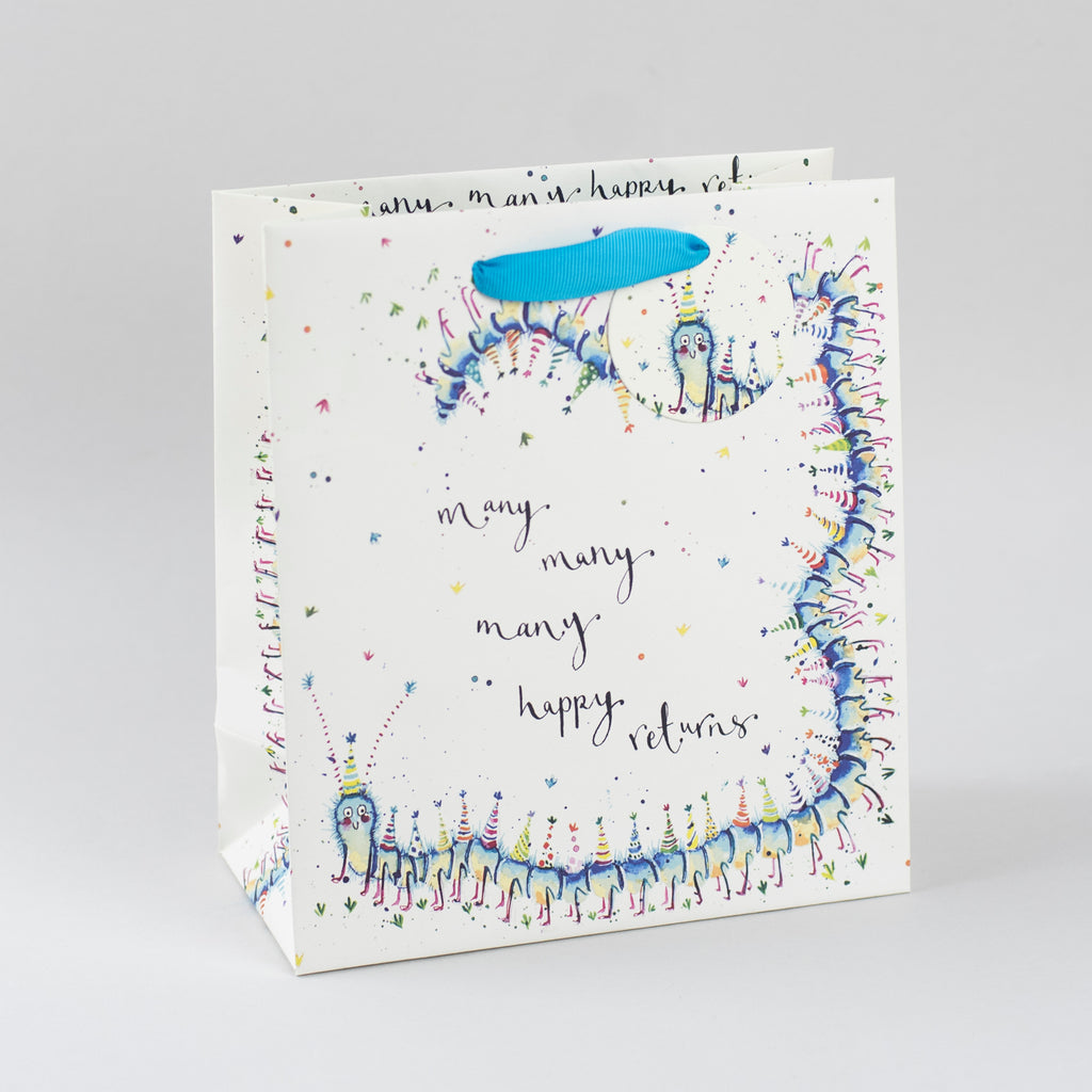 Image of illustrated centipede birthday gift bag with the caption Many Many Happy Returns