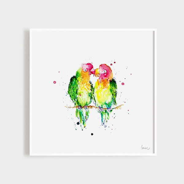 Image of an illustrated art print featuring two colourful lovebirds