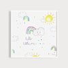 Image of an illustrated art print featuring clouds and rainbows and the caption Hello Little One