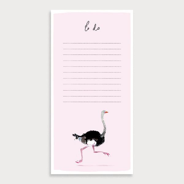 Image of a pink illustrated lined to do list with a running ostrich and the title To Do