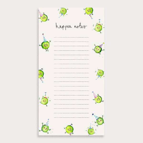 Image of an illustrated lined to do list with the title Happea-Notes. There is a border of dancing peas wearing party haps. 