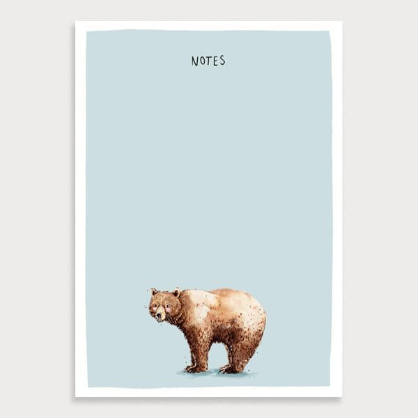 Image of an illustrated  light blue blank notepad with a bear character at the bottom and the title Notes