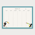 Image of illustrated weekly planner pad with a teal border and two toucans on the bottom of the page. It has a title of Weekly List and has seperate boxes for the days of the week and a note sectionection.