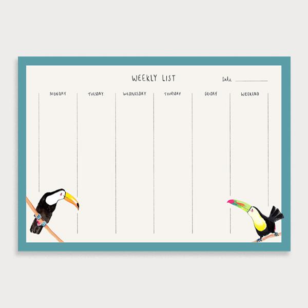 Image of illustrated weekly planner pad with a teal border and two toucans on the bottom of the page. It has a title of Weekly List and has seperate boxes for the days of the week and a note sectionection.