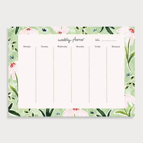 Image of illustrated weekly planner pad with a wild daisy patterned border. It has a title of Weekly Planner and has seperate boxes for the days of the week and one for the weekend