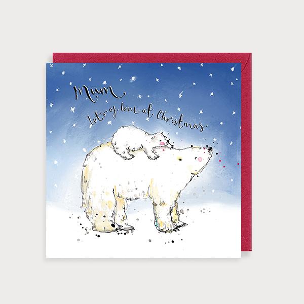 Image of illustrated christmas card with a mum polar bear and baby and the caption Mum Lots of Love at Christmas