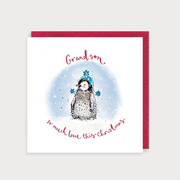 Image of illustrated christmas card with a penguin in a woolly hat and the caption Grandson so much Love This Christmas