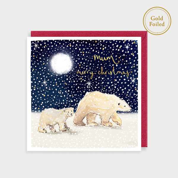 Image of illustrated foiled christmas card with a mum and baby polar bear and the caption Mum merry christmas