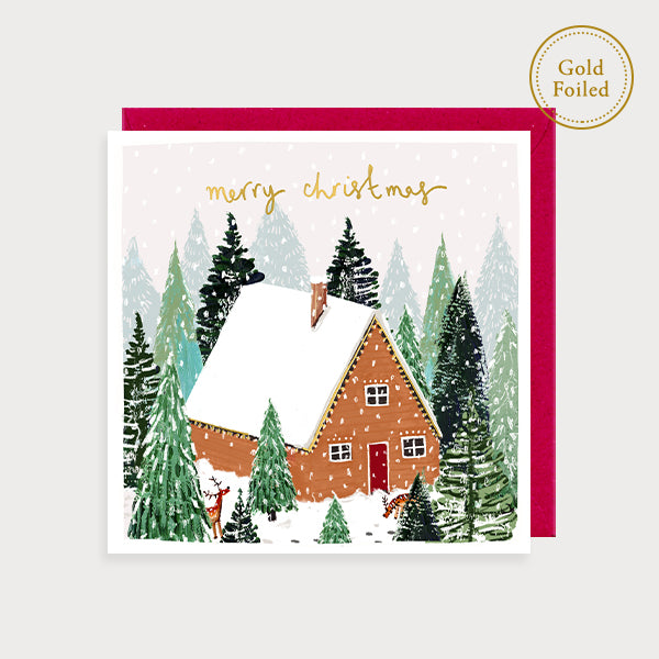 Image of illustrated foiled christmas card with a snowy house and the caption merry christmas