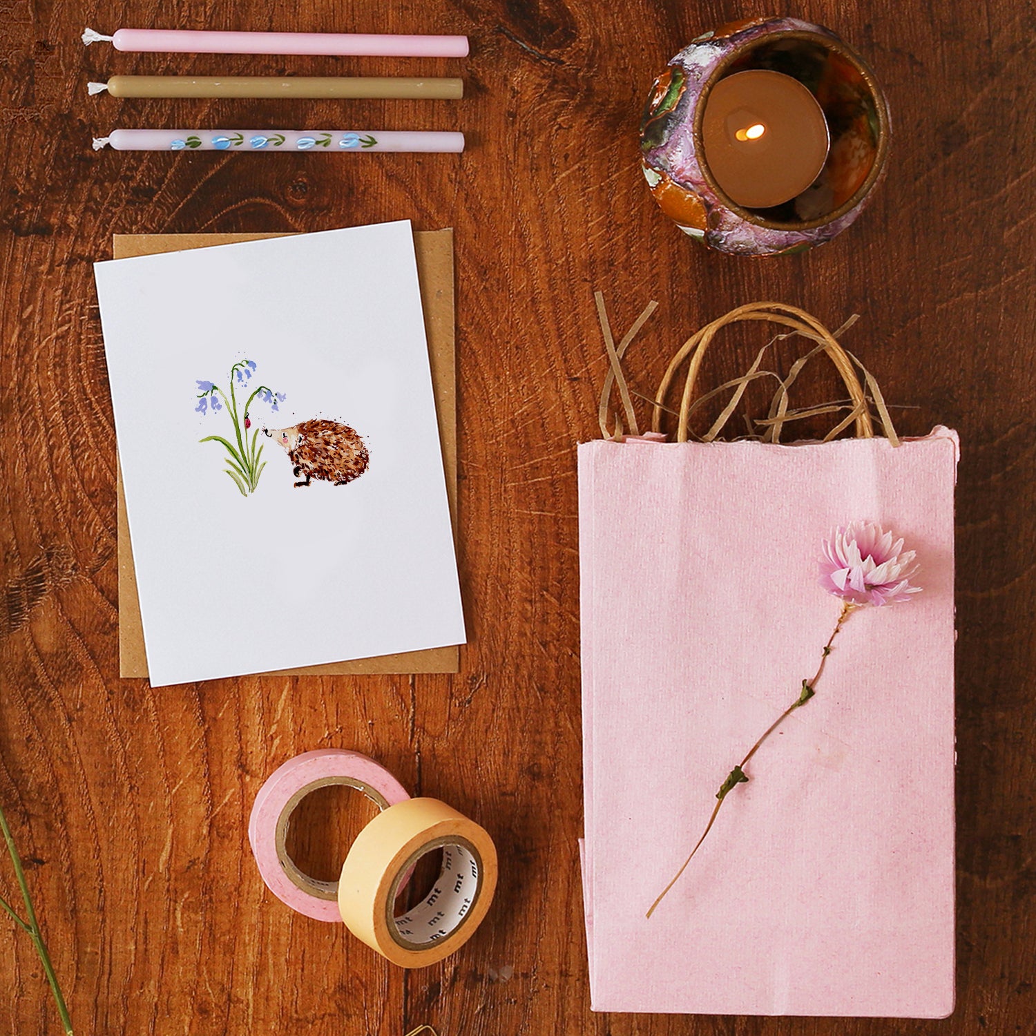 Hedgehog and Bluebells Mini Card
