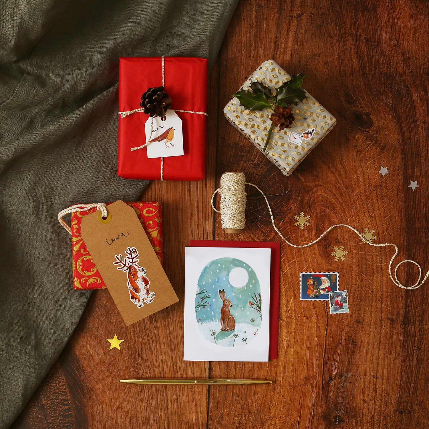 Hare and Robin in Moonlight Mini Christmas Card