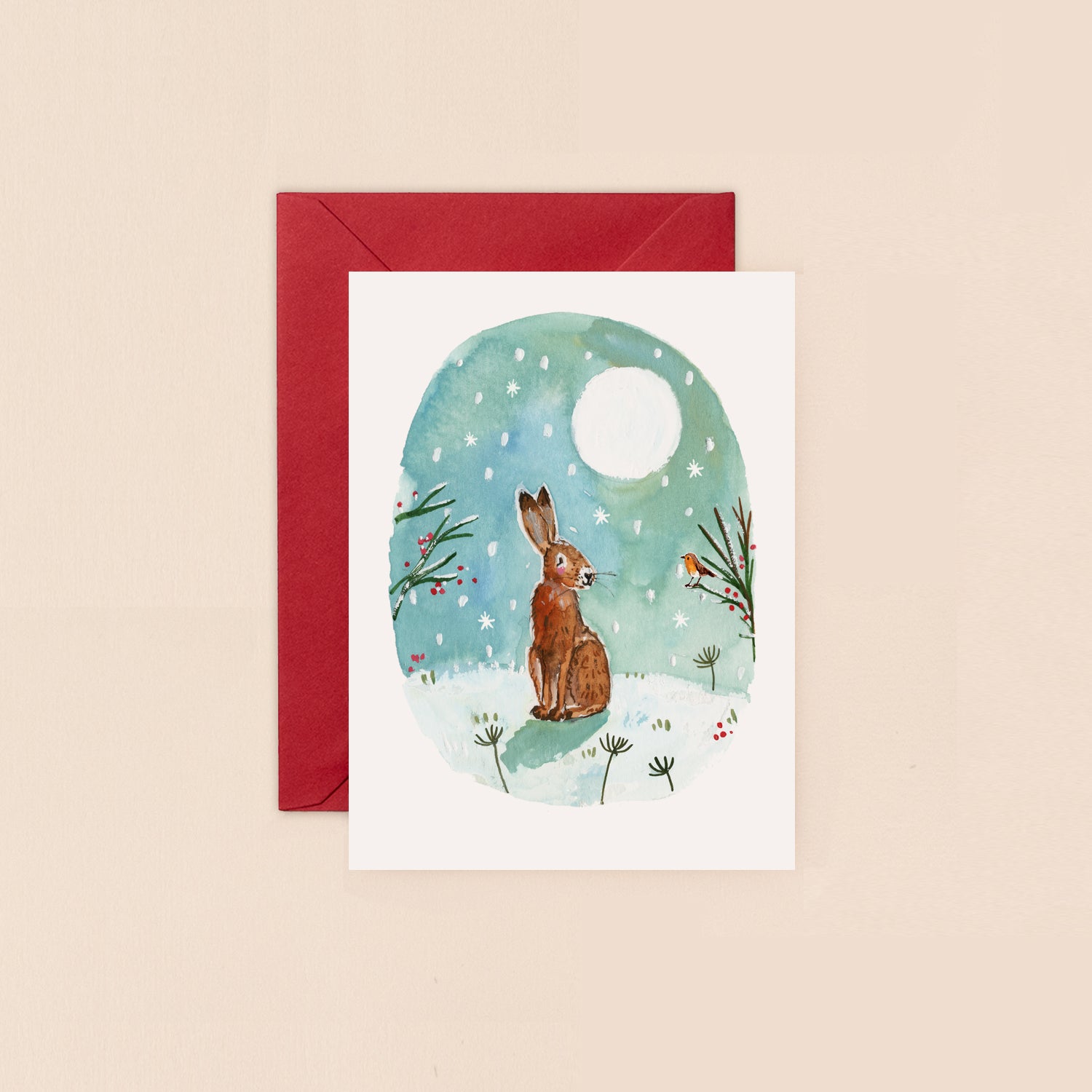 Hare and Robin in Moonlight Mini Christmas Card