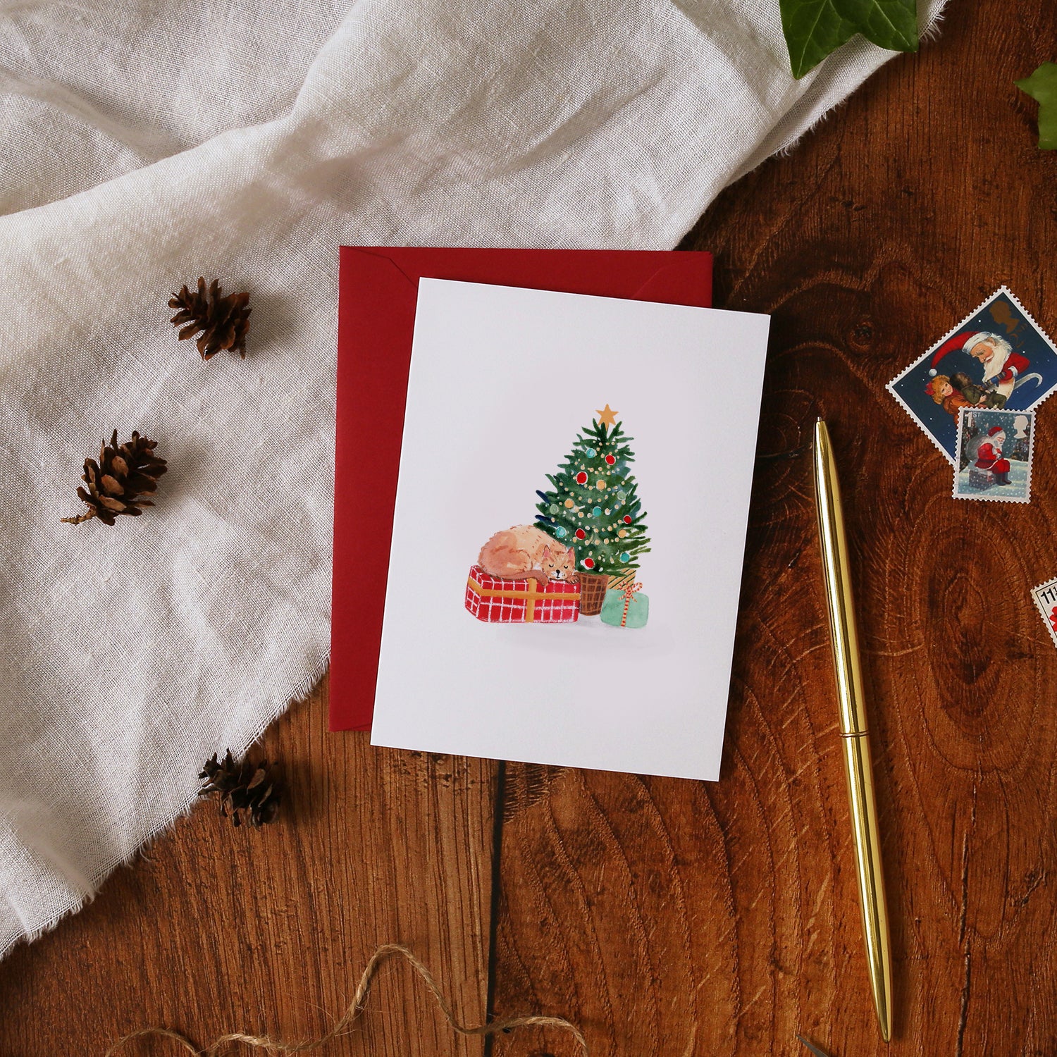 Cat under Tree Mini Christmas Card