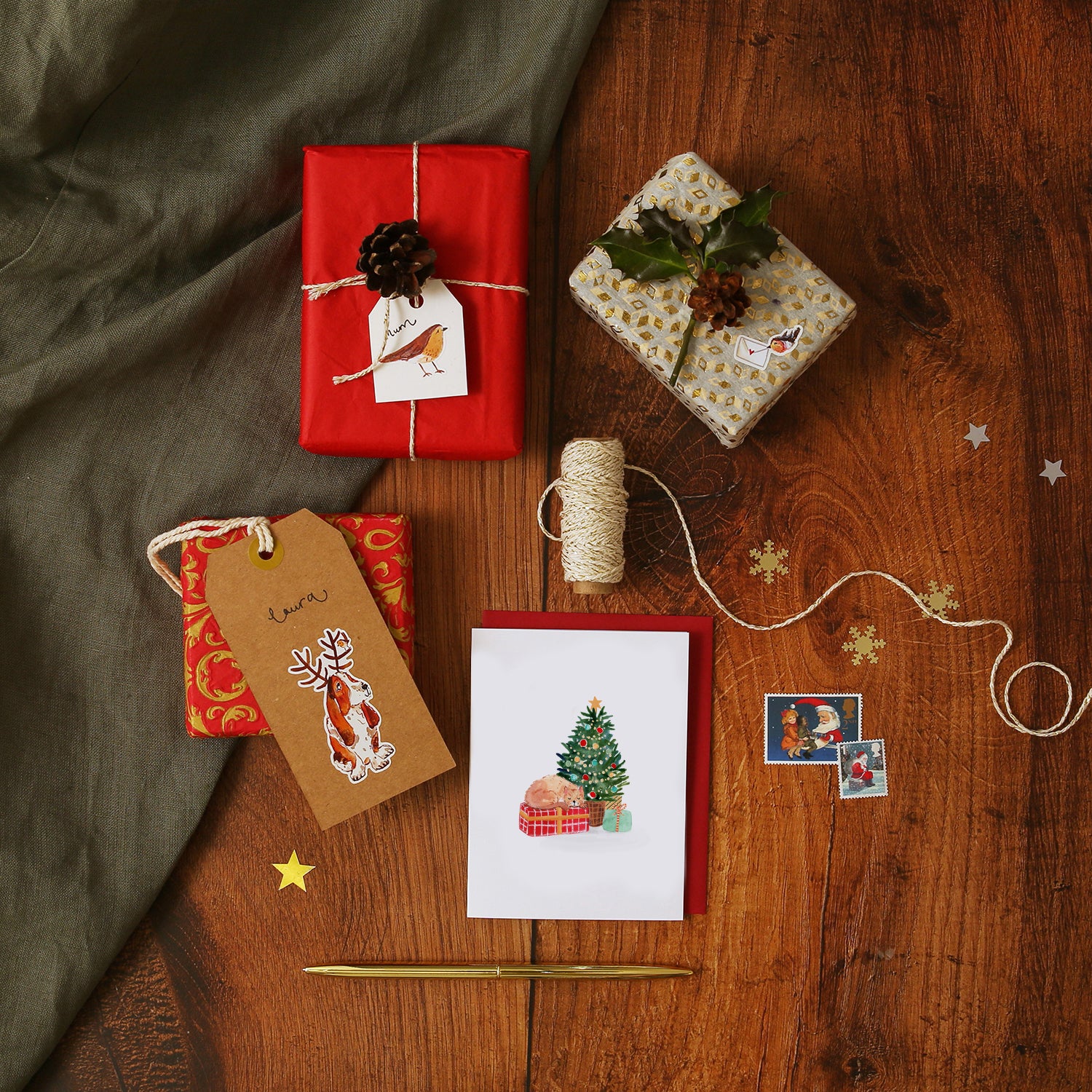 Cat under Tree Mini Christmas Card