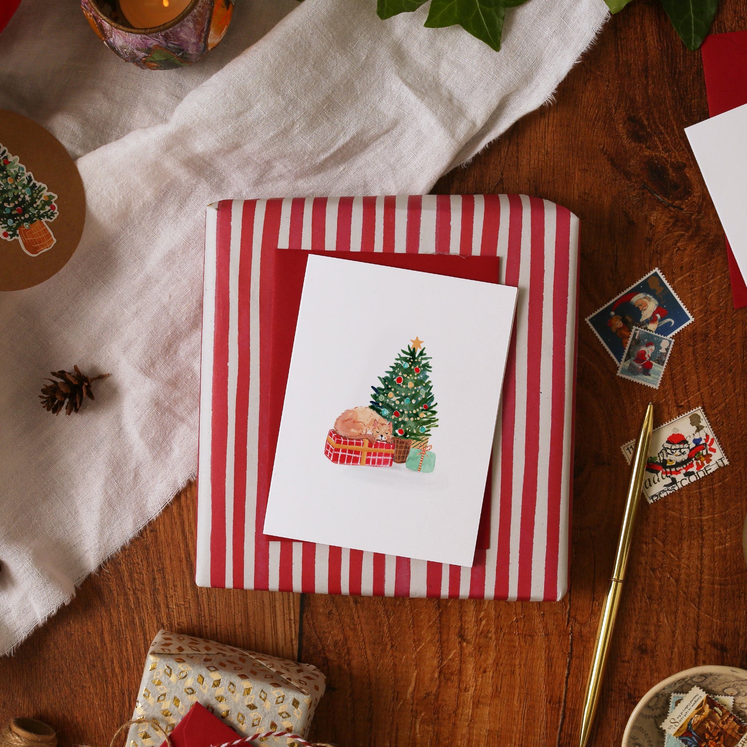 Cat under Tree Mini Christmas Card