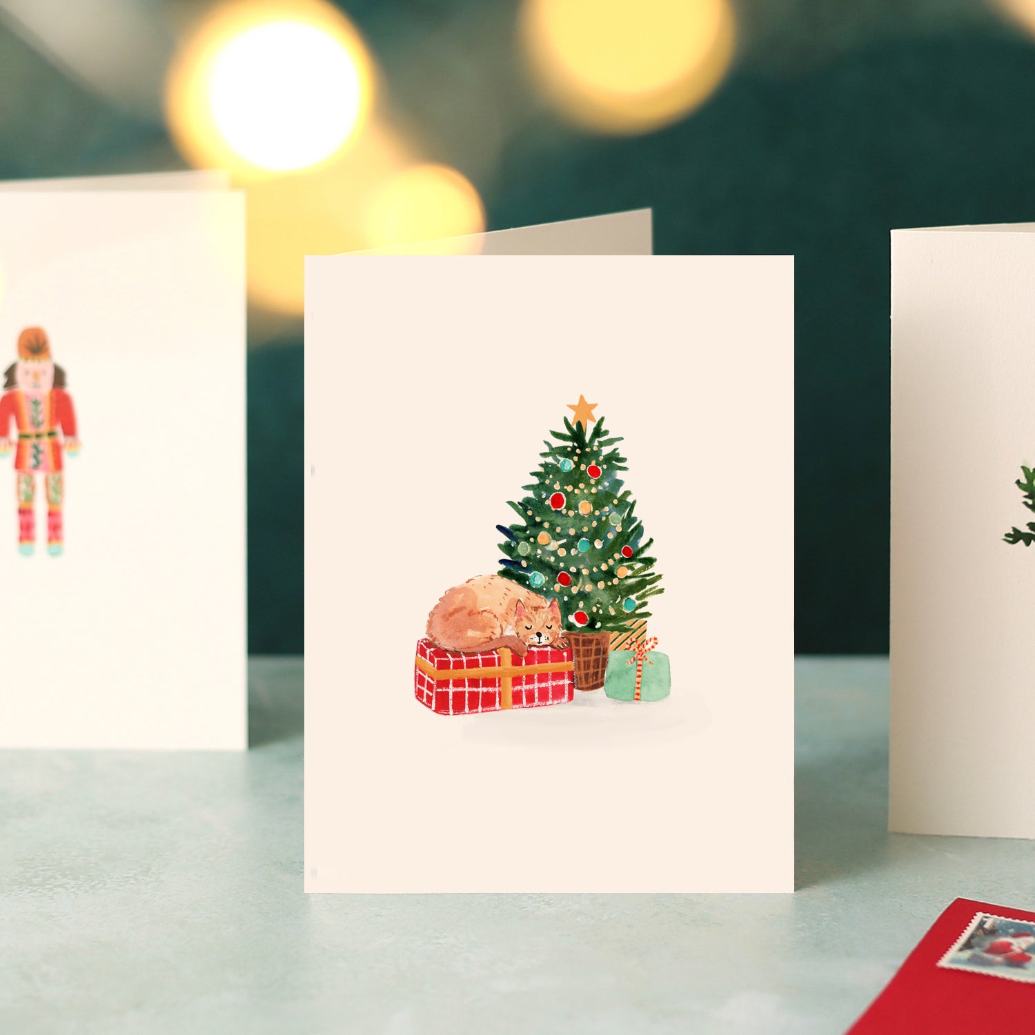 Cat under Tree Mini Christmas Card