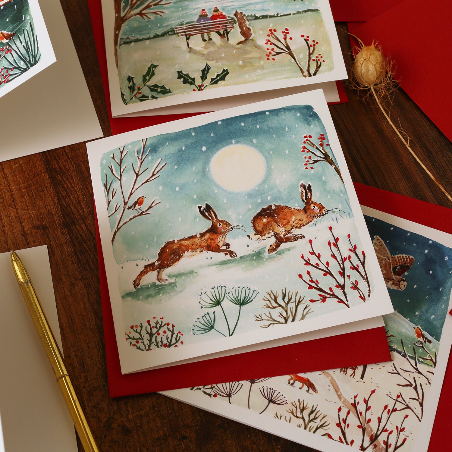 Two Hares Running Blank Christmas Card