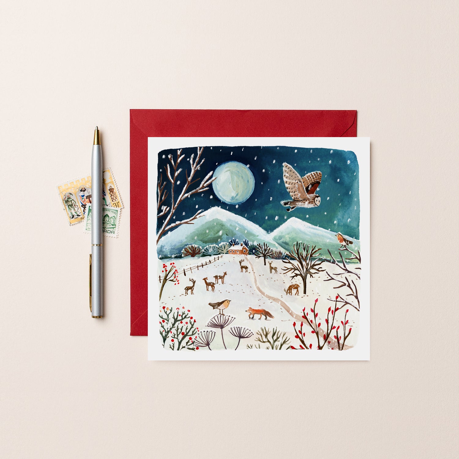 Deers Fox and Owl Scene Blank Christmas Card
