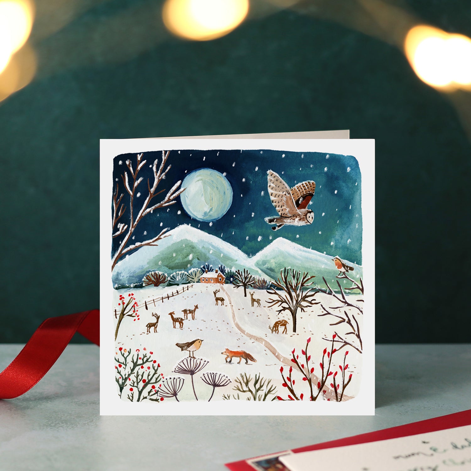 Deers Fox and Owl Scene Blank Christmas Card