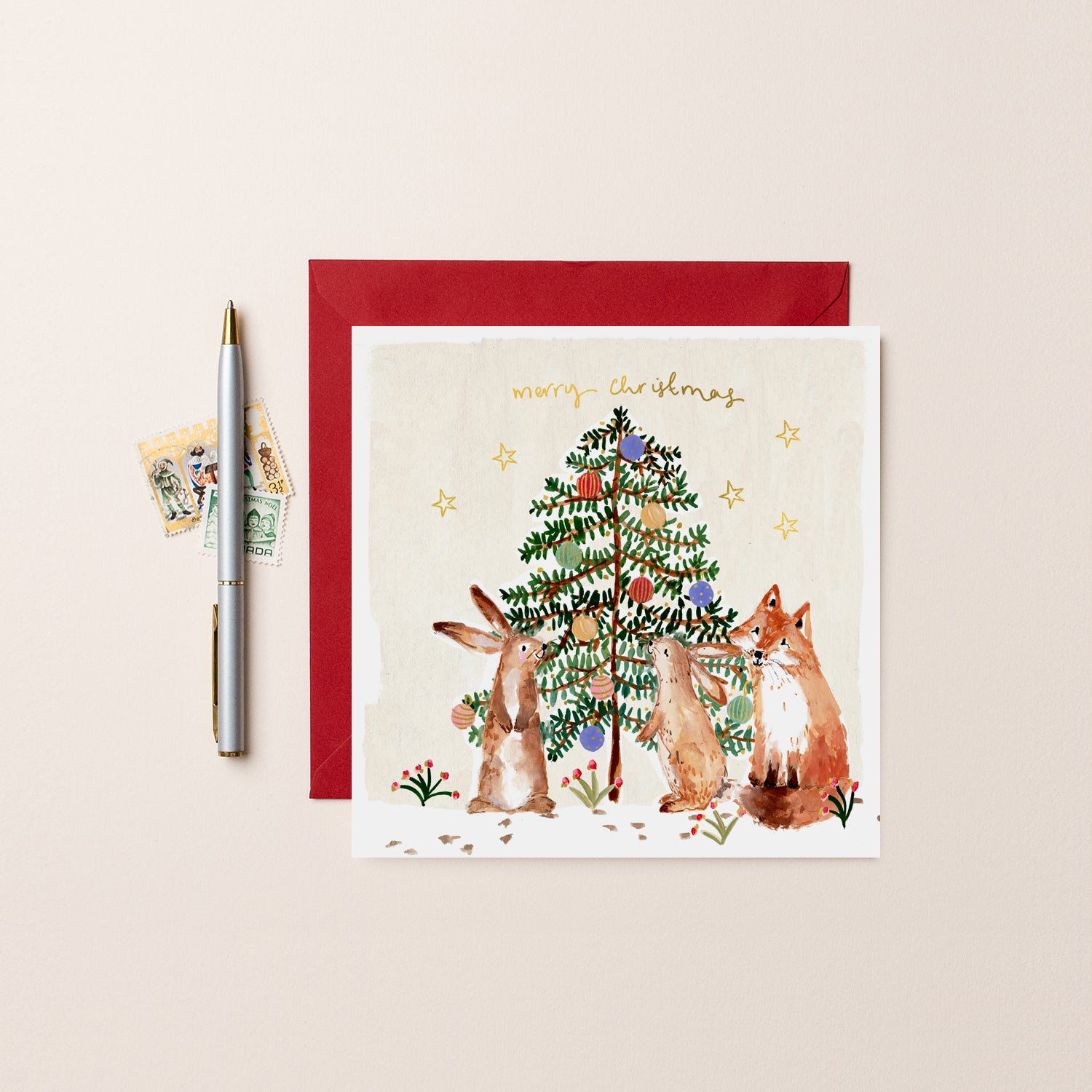 Fox and Bunnies Christmas Tree Christmas Card